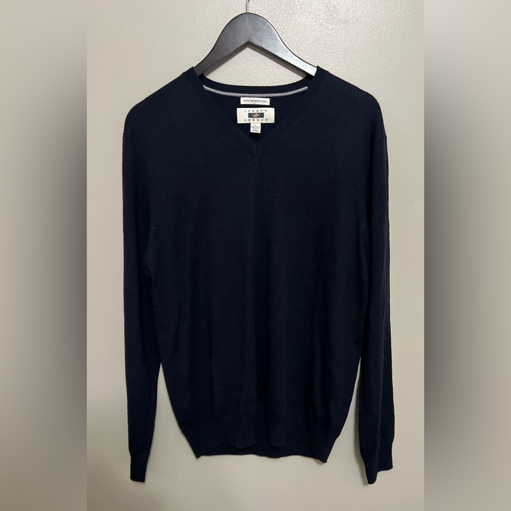 Joseph Abboud Long Sleeve Navy V-Neck Sweater Extra Fine Merino Wool Size Lg
